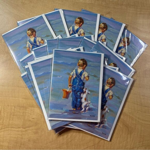 20 artistic blank greeting cards in sealed plastic, puppy and boy on the beach - Picture 1 of 3